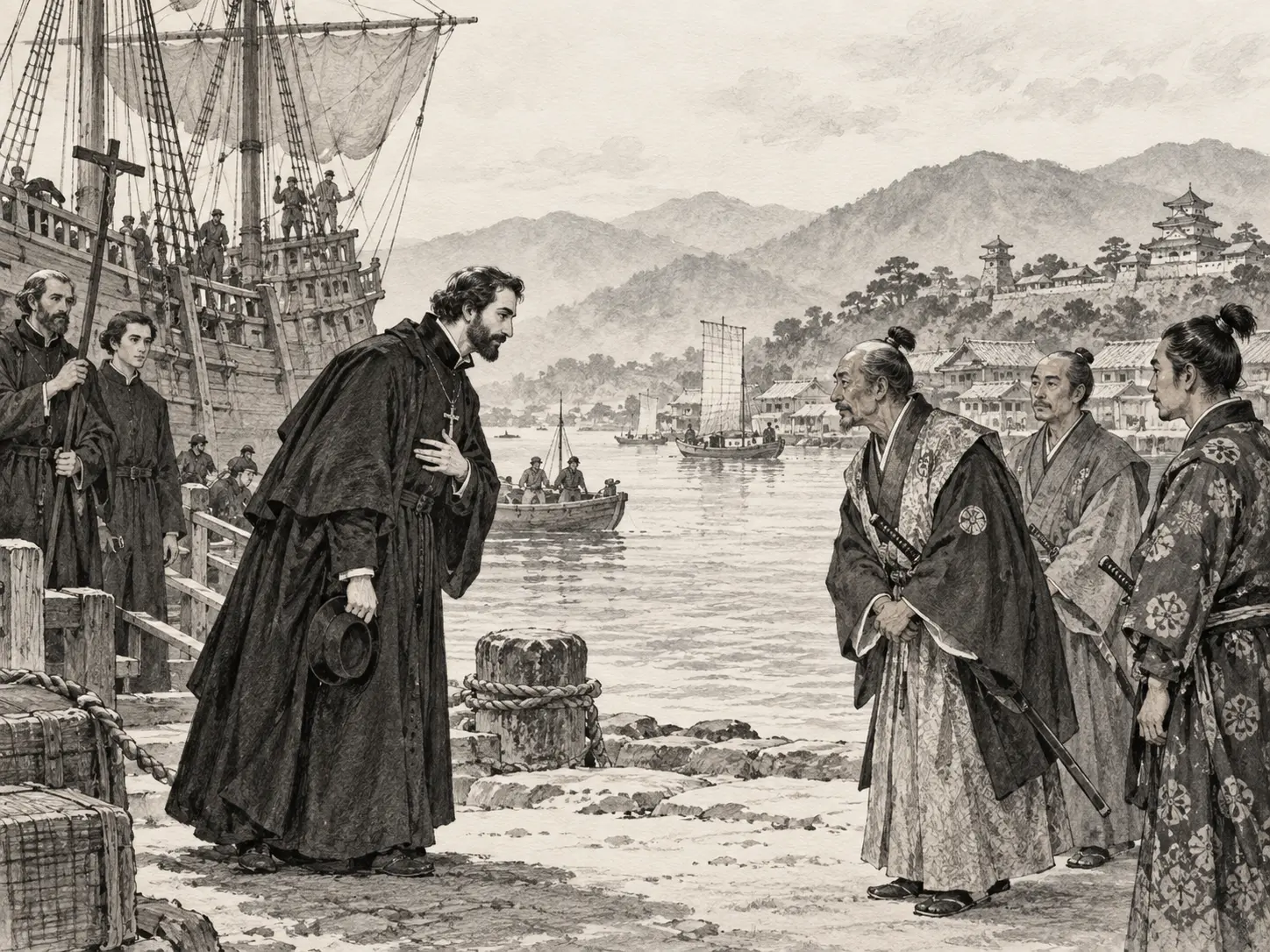 Sketch of a Jesuit missionary meeting Japanese people at a sixteenth-century harbor